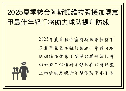 2025夏季转会阿斯顿维拉强援加盟意甲最佳年轻门将助力球队提升防线 2025夏季转会阿斯顿维拉强援加盟意甲最佳年轻门将助力球队提升防线